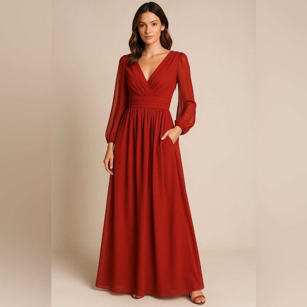 Wear Your Love Rust Chiffon Maxi Dress • Lace-Up Back • Pockets • XS/S
